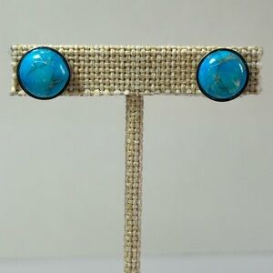 Vintage Silver Plated Round Turquoise Blue Stud Post Earrings Natural Stone